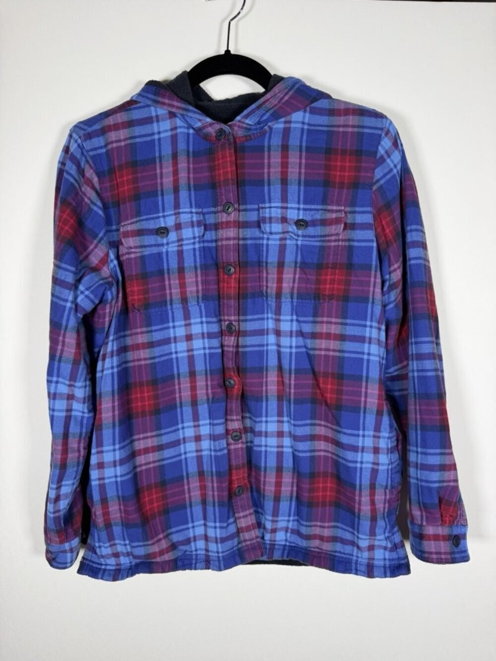 LL Bean blue red plaid flannel fleece-lined hoodie shirt S gorpcore cabincore